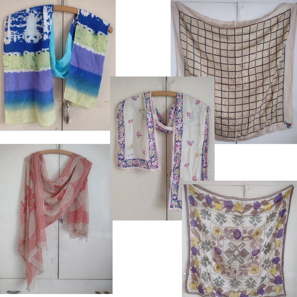 Lot 5 Vtg Silk Scarf Scarves Square Rectangle Floral Geometric Plaid 60s 70s 80s